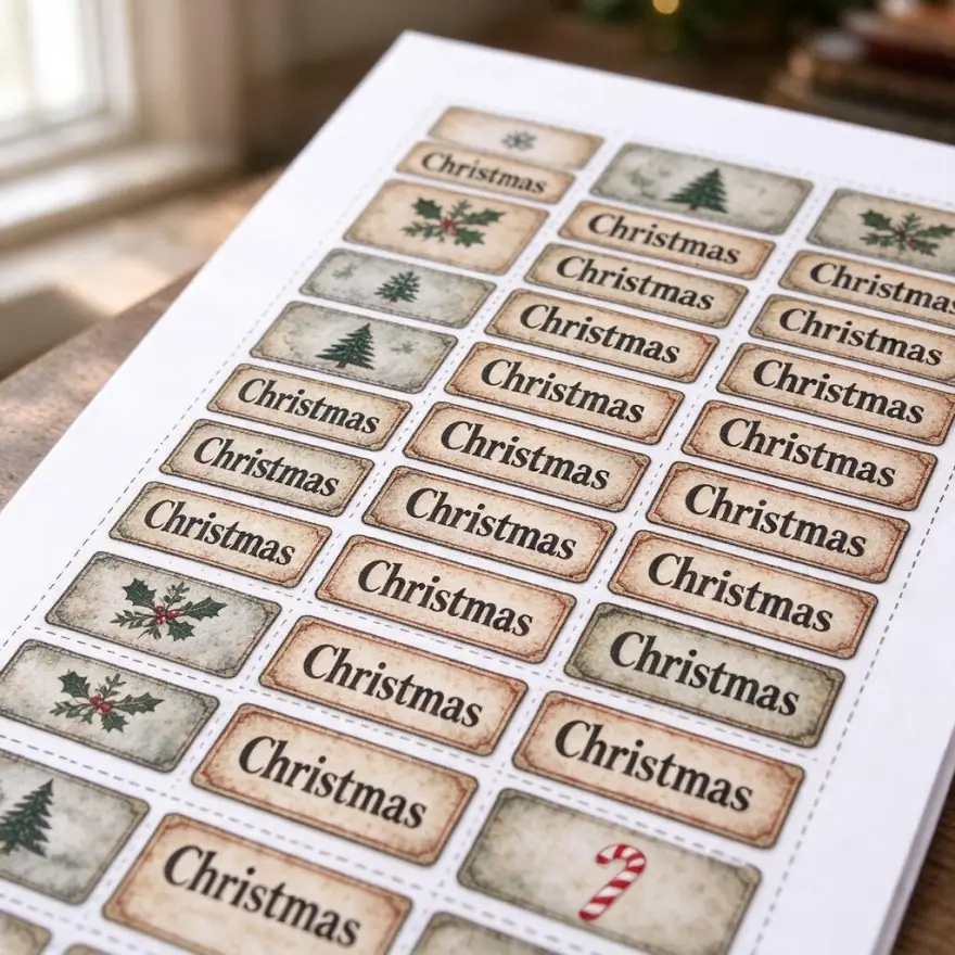 Close-up of a single printed piece from Vintage Christmas Word Strips, showing the line weight and trim detail to check before printing