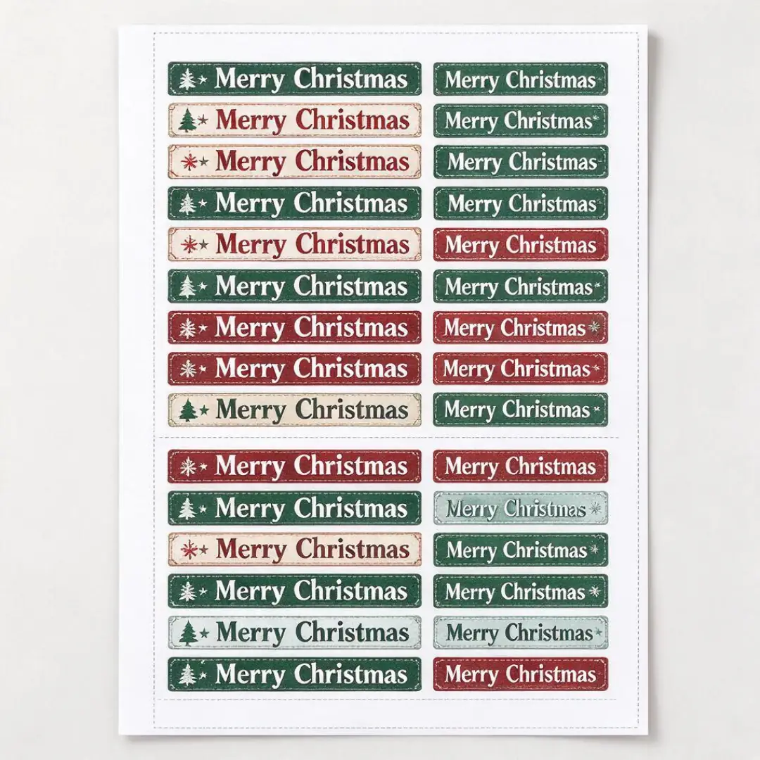 Straight-on view of the full uncut Vintage Christmas Word Strips sheet, every printed piece and the cut margin visible