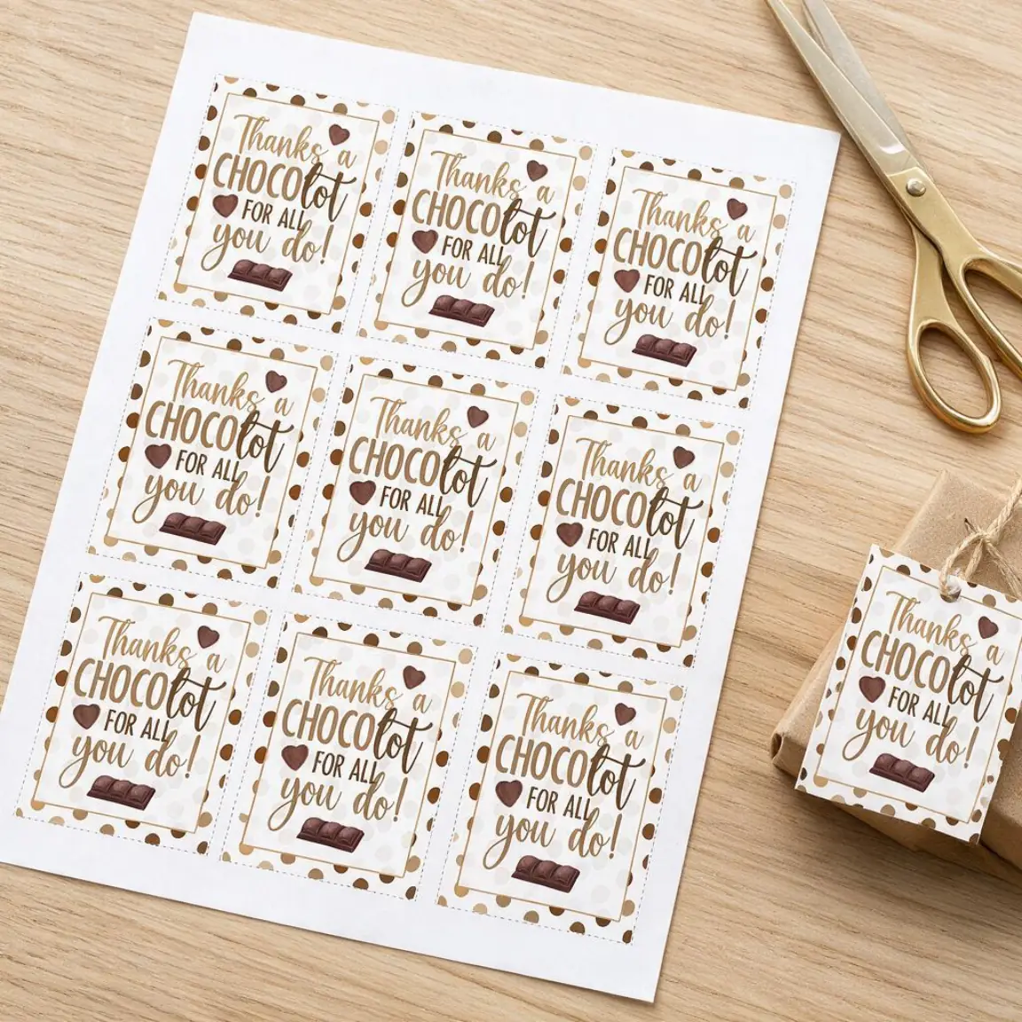 Example artwork for Teacher Appreciation Favor Tags: a photograph of the printed sheet on a desk, cut and in use, made with Gift Tag Maker